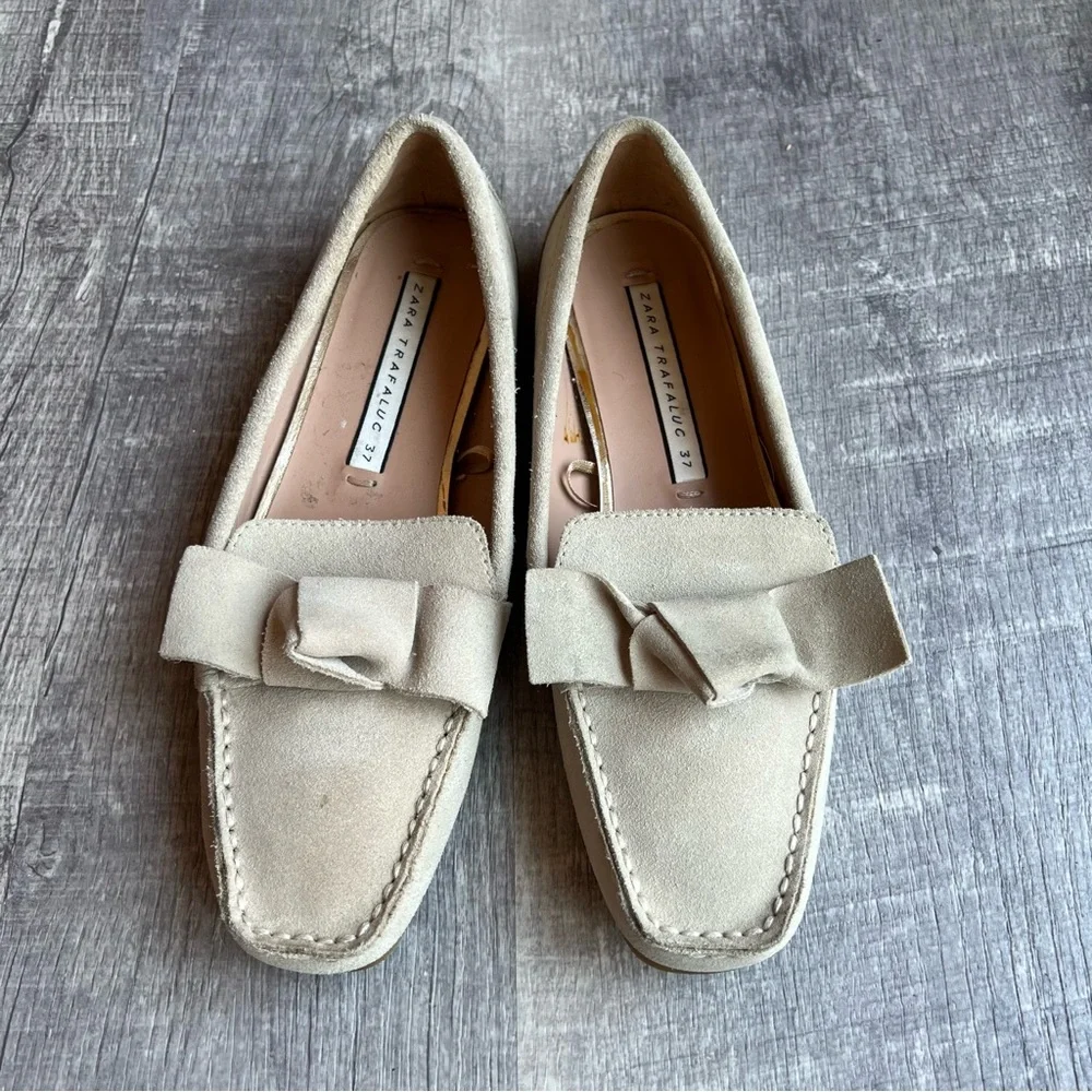 Zara Ice Beige Split Suede Loafers With Bow Moccasin EU37